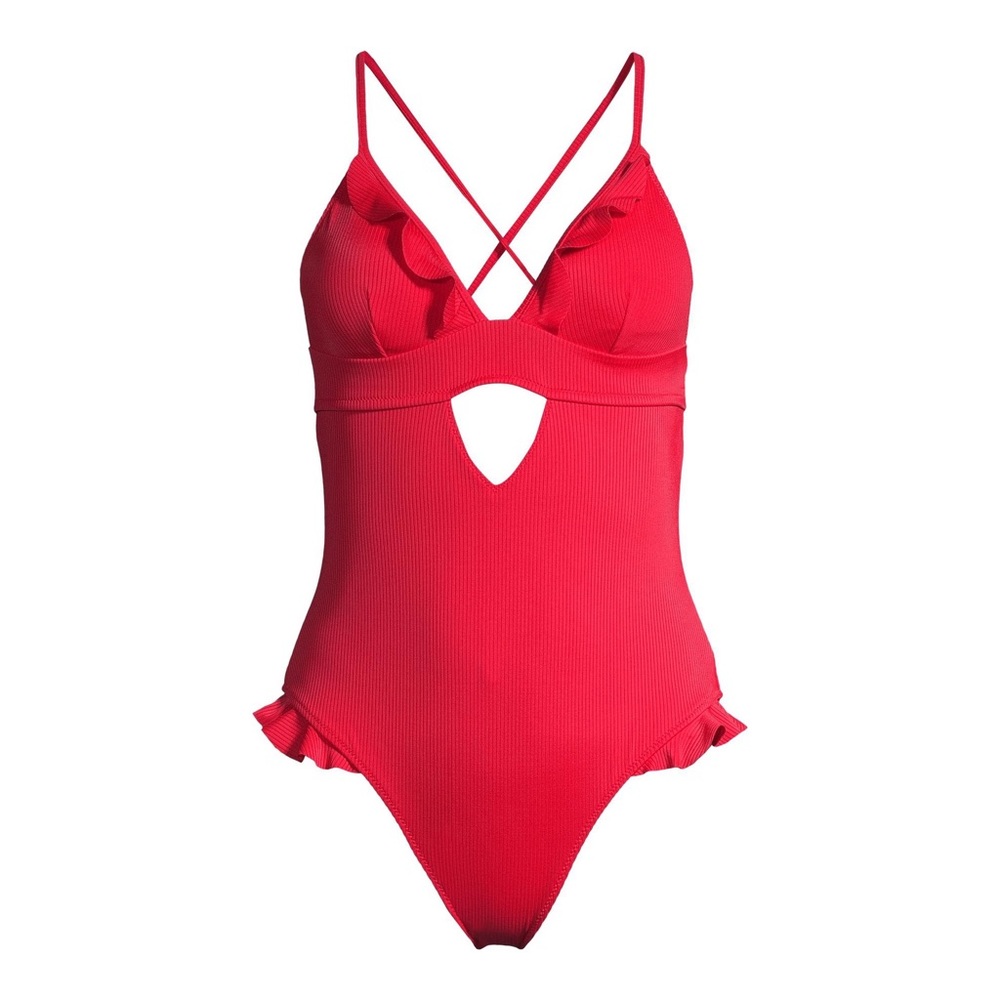 No Boundaries Juniors Red Ribbed One Swimsuit.